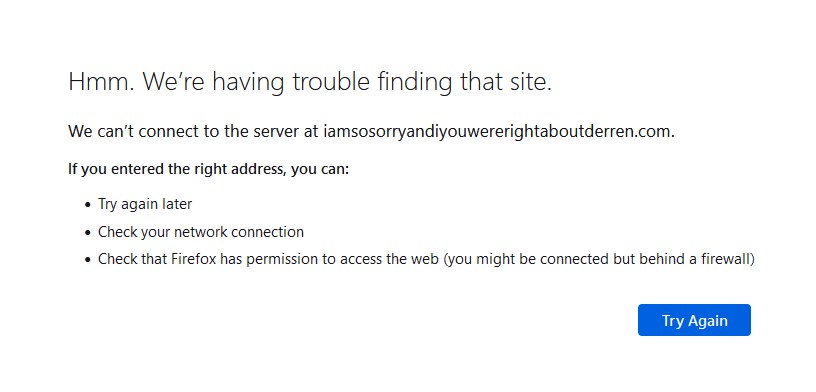 screenshot of error message for IAmSoSorryAndiYouWereRightAboutDerren.com